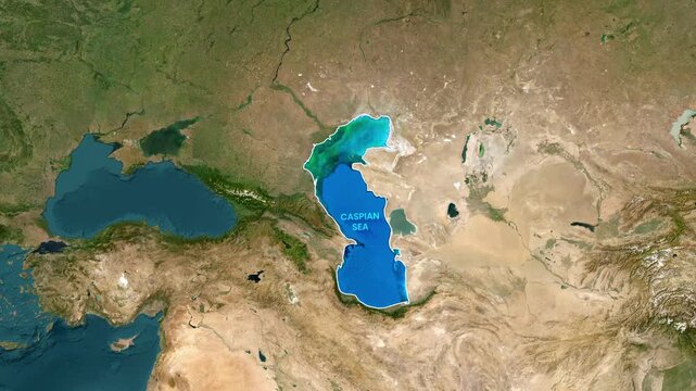 Caspian Sea highlighted on Earth satellite map motion footage animation