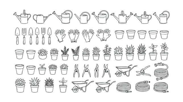 ガーデニング用品と植物のモノクロ線画ベクターセット、水やり、植え替え、手入れに使う園芸ツールと鉢植えのコレクション、庭仕事や家庭菜園のアイコン素材