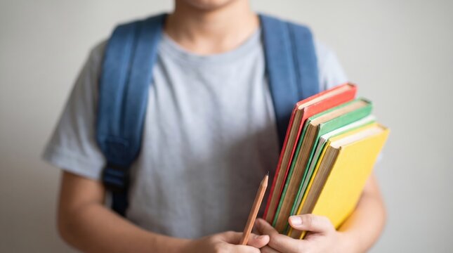 Close-Up of Student Torso in Blue Backpack Holding Colorful Textbooks and Wooden Pencil for Back to School Education, Academic Organization, and Minimalist Student Lifestyle Concept