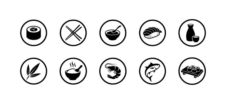 Japanese sushi and seafood icons featuring rolls chopsticks miso soup nigiri sake bottle bamboo leaves rice bowl shrimp tuna fish and sushi platter set for restaurant identity and menu design.