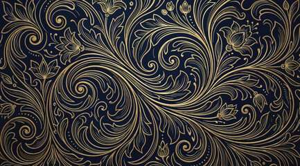 Elegant gold floral damask pattern on a dark navy blue background © Siam