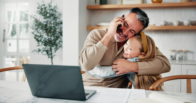 Phone call, father and hug child, remote work or multitasking with happy daughter for love. Freelancer, parent or embrace girl in home for support, care or bonding with laptop for mobile conversation