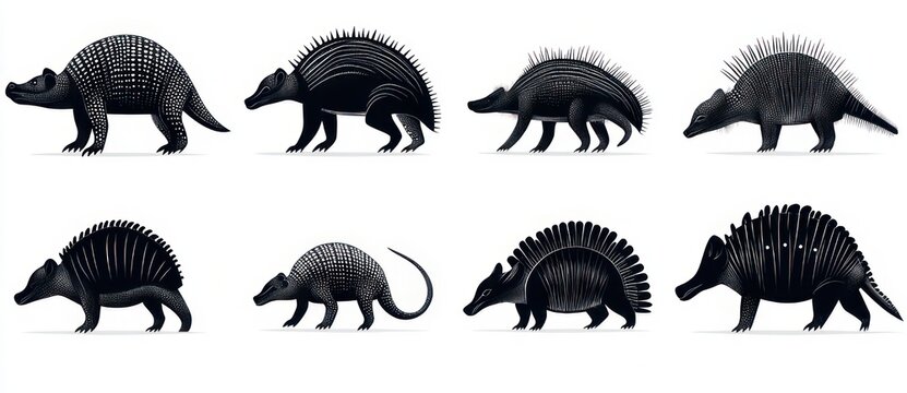 eight black stylized armored mammal silhouettes with plates and spines in profile on white background, whimsical and mysterious mood
