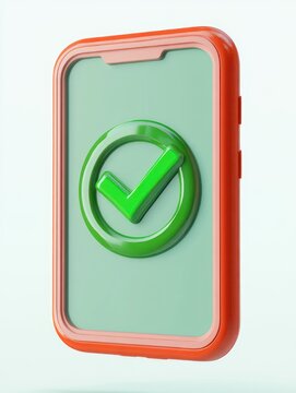 orange-framed smartphone with large green checkmark on mint screen conveying success and approval