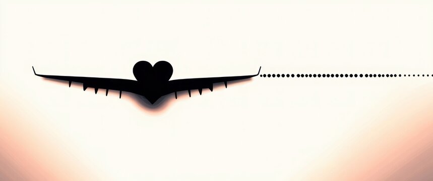 front view airplane silhouette with heart-shaped fuselage and dotted contrail over a soft pastel sunrise creating a calm romantic mood