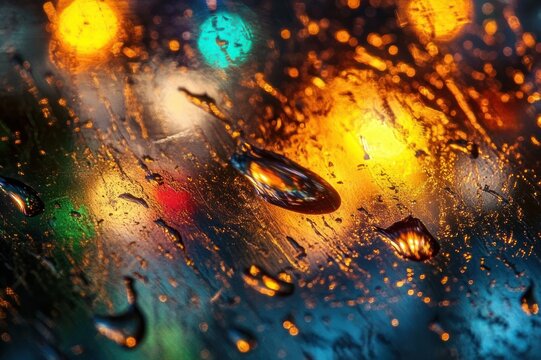 rain-speckled glass window with colorful blurred city lights and glowing bokeh conveying a moody dreamy evening atmosphere