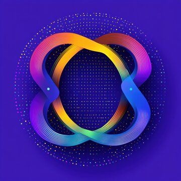 intertwined rainbow gradient ribbons forming a looping knot with a glowing dotted halo on deep purple background, energetic and futuristic