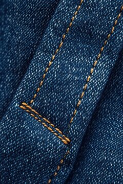 Close-up of blue denim fabric with contrasting orange stitching and a folded belt loop, textured and rugged with a nostalgic, tactile feel