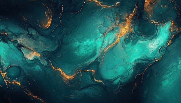 teal and gold marbled abstract with flowing currents, luminous veins and serene mysterious depth