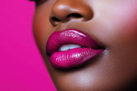 Close-up of glossy magenta lips with partial nose and teeth, smooth radiant complexion against a vibrant pink background conveying sensual confidence