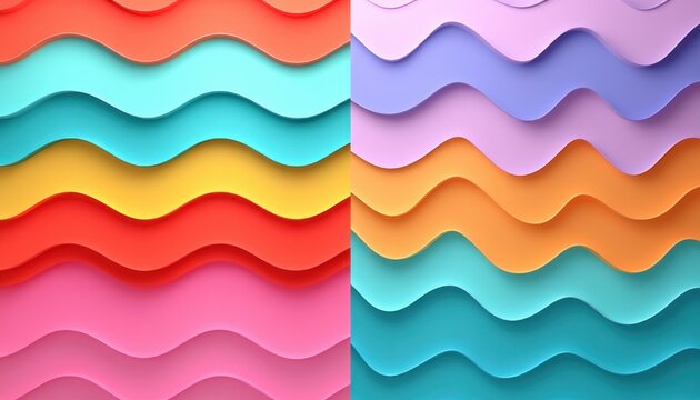dual-panel layered wavy paper cutout pattern in bright and pastel colors, playful and calming abstract composition