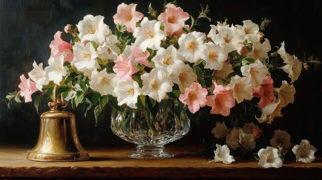 Tranquil still life of white and pale pink trumpet-shaped flowers in a crystal bowl beside a brass bell on a wooden table