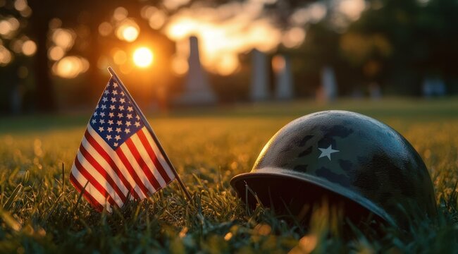 Military helmet and small American flag resting on grass at a cemetery with headstones at sunset, warm golden light and solemn remembrance
