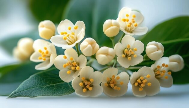 delicate cream and white blossoms with golden centers clustered on glossy green leaves, evoking a serene and fresh mood