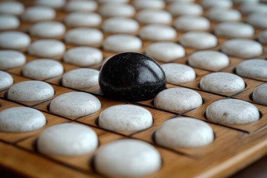 single glossy black stone surrounded by many matte white stones on a wooden grid game board, evoking contrast and solitary focus