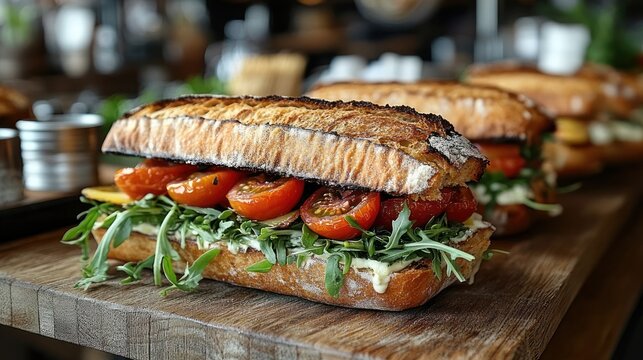 crusty grilled ciabatta sandwich filled with peppery arugula, halved cherry tomatoes and creamy aioli on a wooden board, fresh and appetizing