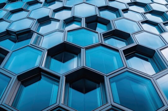 close-up of blue hexagonal glass windows forming a honeycomb facade on a modern building, sleek futuristic and calming geometric repetition