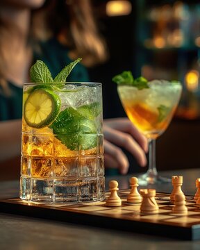 Two mint and lime cocktails with crushed ice and amber liqueur on a wooden chessboard with scattered chess pieces, blurred patron in warm bar light, relaxed contemplative mood