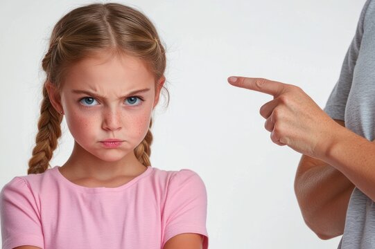 young girl with braided hair and crossed arms in pink shirt being pointed at by adult hand, tense scolding and defiance