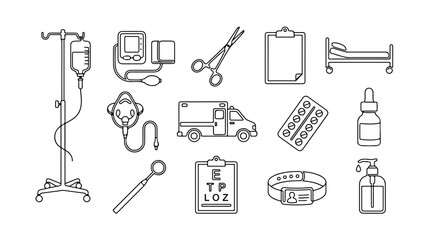 医療機器と病院用品のモノクロ線画アイコンセット、点滴スタンド、血圧計、救急車、錠剤、消毒液など、医療現場やヘルスケア関連のデザインに最適なベクター素材 © Faizan