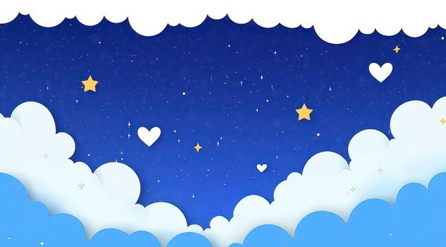 whimsical layered blue and white clouds framing a starry night sky with glowing stars and floating heart shapes, dreamy and peaceful mood
