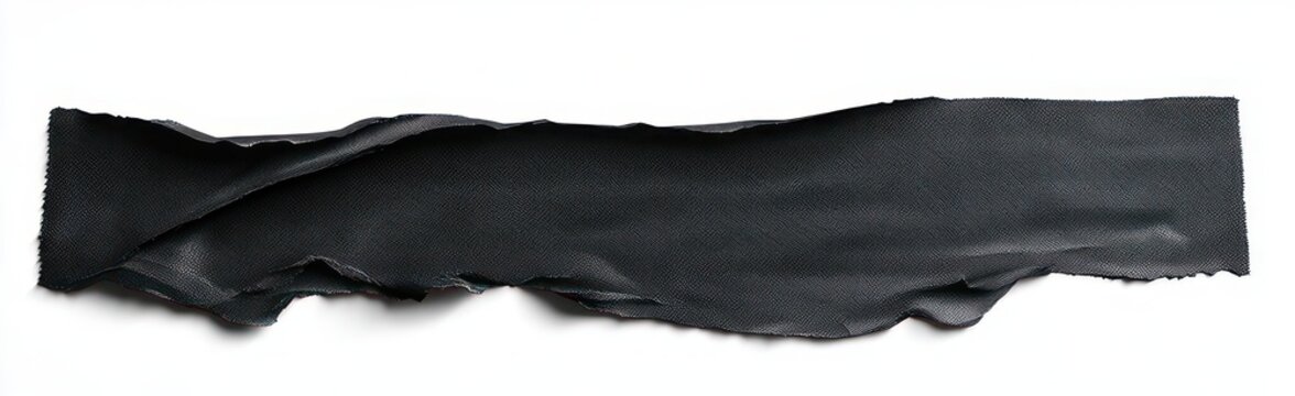 long torn black paper strip with rough ripped edges and curled folds on white background conveying raw dramatic texture