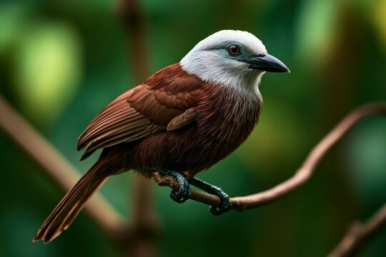 White-headed babbler perched on a branch in a tropical rainforest with sharp focus and creamy bokeh for wildlife education