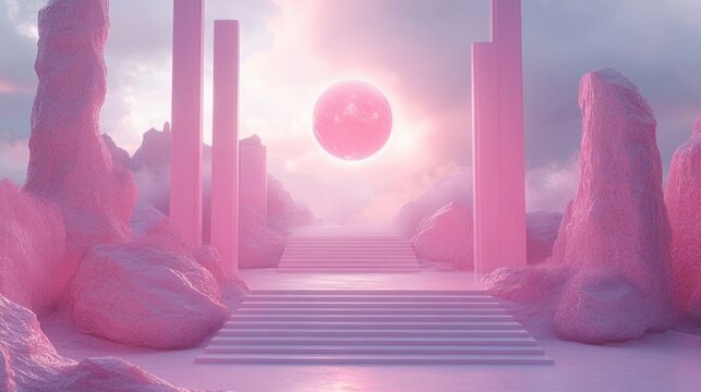dreamlike pink landscape with wide stone staircase, tall pillars and sculpted rock formations leading to a glowing floating orb in a misty cloudy sky, serene and mystical
