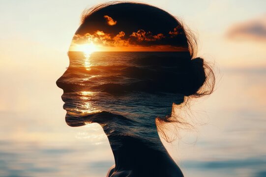 silhouette of a woman's profile with hair in a bun filled with ocean waves and a golden sunset, sun reflecting on the water, evoking calm, serene and introspective mood