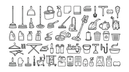手描き風の清掃用品と掃除道具のベクターアイコンセット、家事や業務用クリーニングに役立つイラスト素材、白黒の線画で表現された様々な清掃アイテムコレクション © Faizan