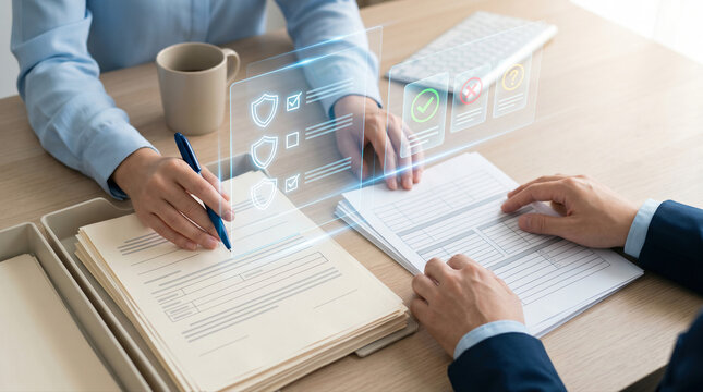 Business People Signing Contract with Digital Security Checklist Overlay