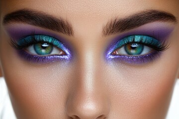 Fototapeta premium Close-up of green eyes with bold teal and purple glitter eyeshadow, thick arched brows, long lashes, glowing flawless skin and a glamorous confident expression