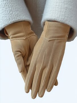 Tan suede gloves worn over hands with cream wool coat cuffs, close-up showing soft texture and elegant cozy warmth