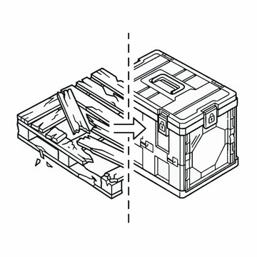 Line art illustration showing transformation from broken wooden pallet to durable plastic shipping crate.