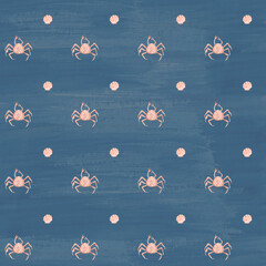 Watercolor crab and seashell seamless pattern on deep blue textured background. Coastal marine repeat design for beach house decor, textiles, wallpaper, wrapping paper, stationery, nautical interiors © Ekaterina
