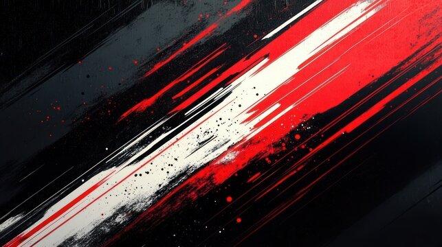 dynamic diagonal red, white, and black paint streaks with splatters conveying intense energetic motion