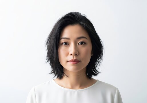 Young asian woman with short black hair looking at camera