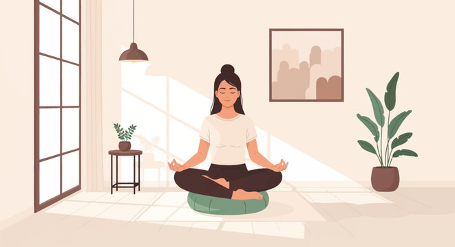 Flat vector illustration of a woman sitting in lotus pose on a cushion in a bright minimalist room with sunlight, indoor plants, window, and abstract wall art decor.