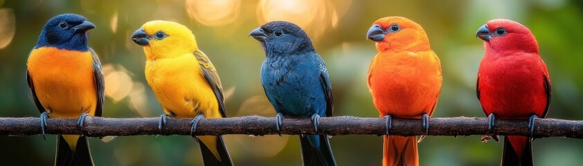Obraz premium Five colorful small birds perched on a horizontal branch with vivid plumage and a cheerful, playful atmosphere against a soft bokeh background