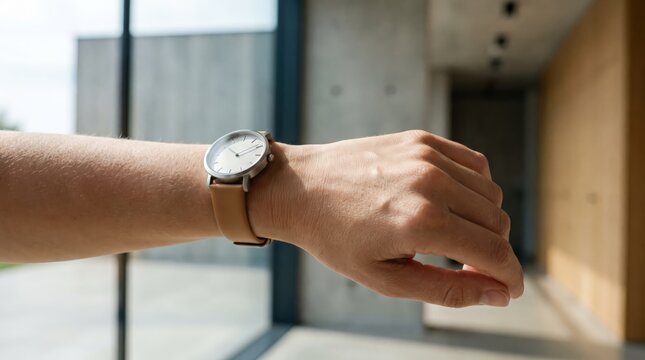 Close-Up of Modern Woman Hand Wearing Elegant Watch in Bright Natural Light, Commercial Stock Photo Showcasing Time Management, Punctuality, and Executive Corporate Lifestyle Concept