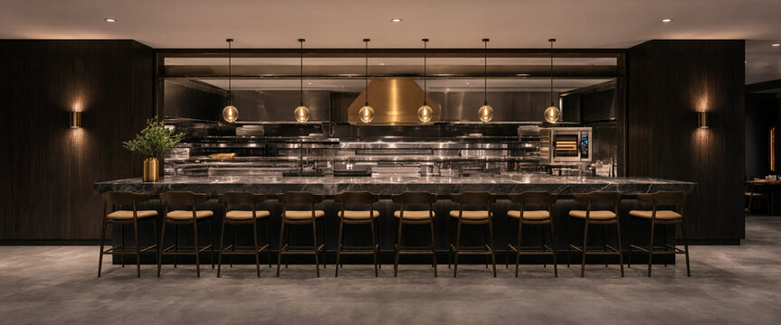 Ultra wide fine dining restaurant with open kitchen, marble counter, chef's table hospitality