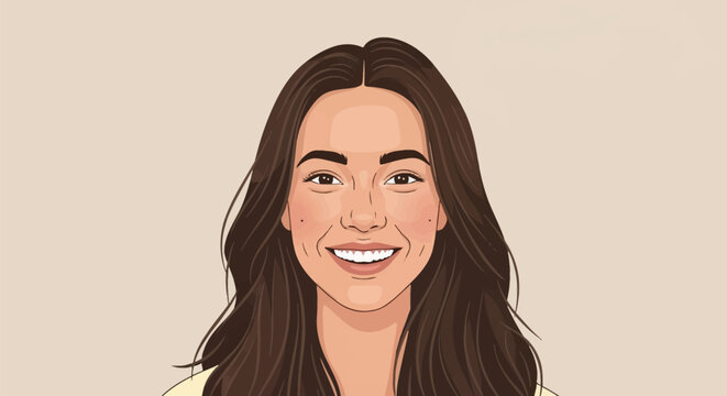 Vector illustration of a smiling young adult woman with long wavy dark brown hair, brown eyes, beauty marks, and white teeth, depicted on a plain light beige background.
