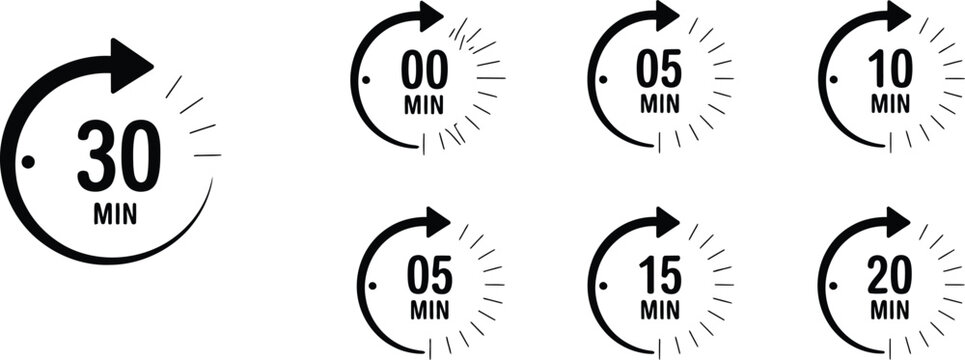Countdown timer icon set, circular arrow stopwatch symbols, 0, 5, 10, 15, 20, 25 and 30 minute time tracking icons, black vector.