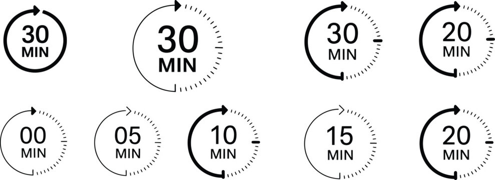 Countdown timer icons, stopwatch and circular arrow symbols, 0 to 30 minute time labels, deadline, productivity, scheduling and timing controls.