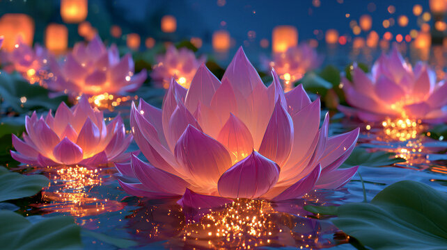 Glowing pink lotus lanterns floating on calm water, warm bokeh, cinematic lighting, romantic Qixi Festival night, negative space, ideal for holiday posters, greeting cards, and event design...