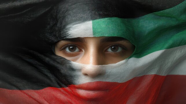 waving tricolor flag with black trapezoid at hoist, green white and red horizontal stripes, textured fabric folds and a central blurred square creating a mysterious dramatic mood