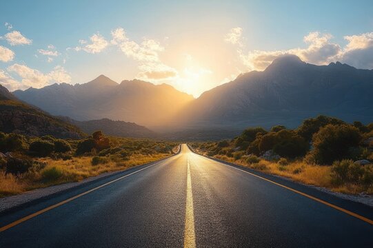straight empty road stretching toward sunlit mountain range at sunrise with golden rays, scattered clouds and low shrubs, evoking a peaceful hopeful journey