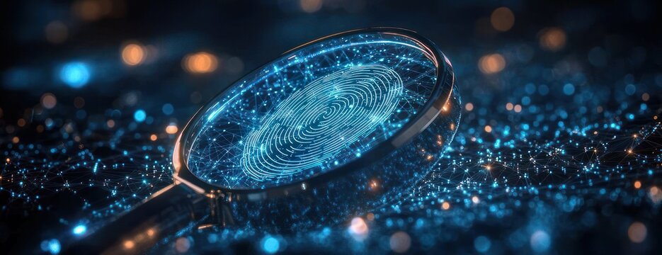 Magnifying glass revealing a glowing blue digital fingerprint over a web of data nodes, conveying futuristic investigation and cyber forensic discovery
