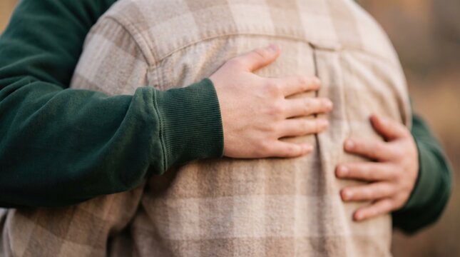 Emotional profile shot of son hugging elderly father focused on bare hands on beige flannel shirt and green hoodie background capturing family love, aging support, and generational bond concepts