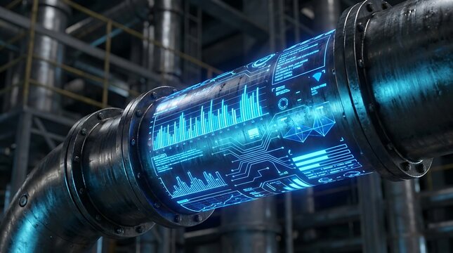 Industrial pipeline data visualization futuristic blue holographic interface overlay on metal piping system